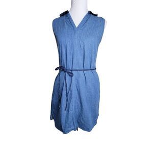 Bluet Sleeveless Two Tone Cotton Tie Waist Dress Blue Size 6 Petite